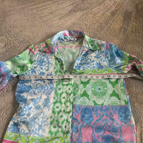 Zara colorful blouse patchwork silky satin wide sleeves pink blue green small - Picture 3 of 5